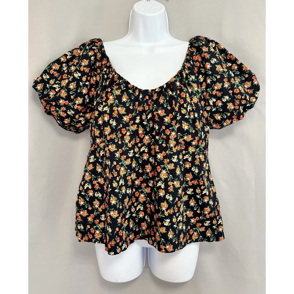 Old Navy Floral Puff Sleeve Blouse Womens Sz Large Heart‎ Neck Multicolor